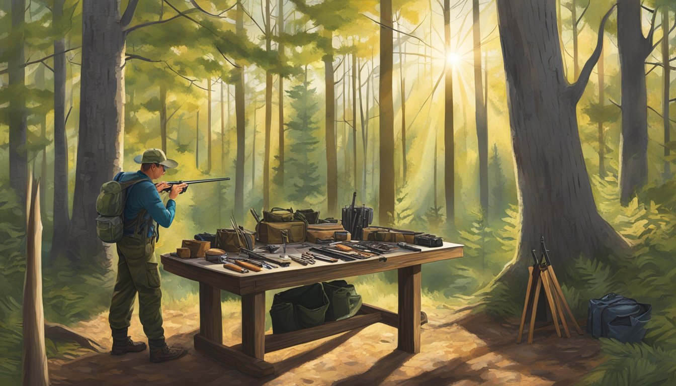 A hunter stands in a Missouri forest, examining various hunting gear options displayed on a table. The sunlight filters through the trees, casting dappled shadows on the ground