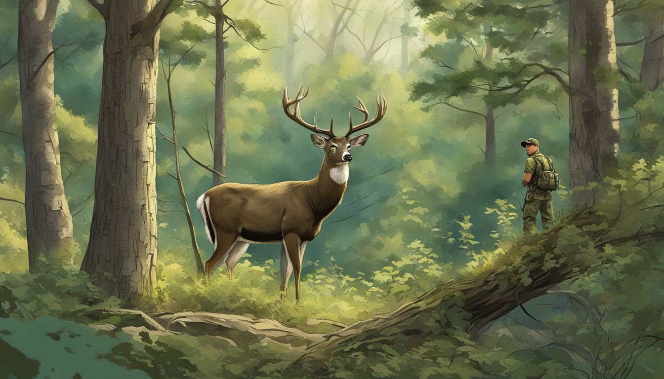 A hunter in camouflage quietly waits in a tree stand, bow in hand, as deer graze below in a lush Missouri forest