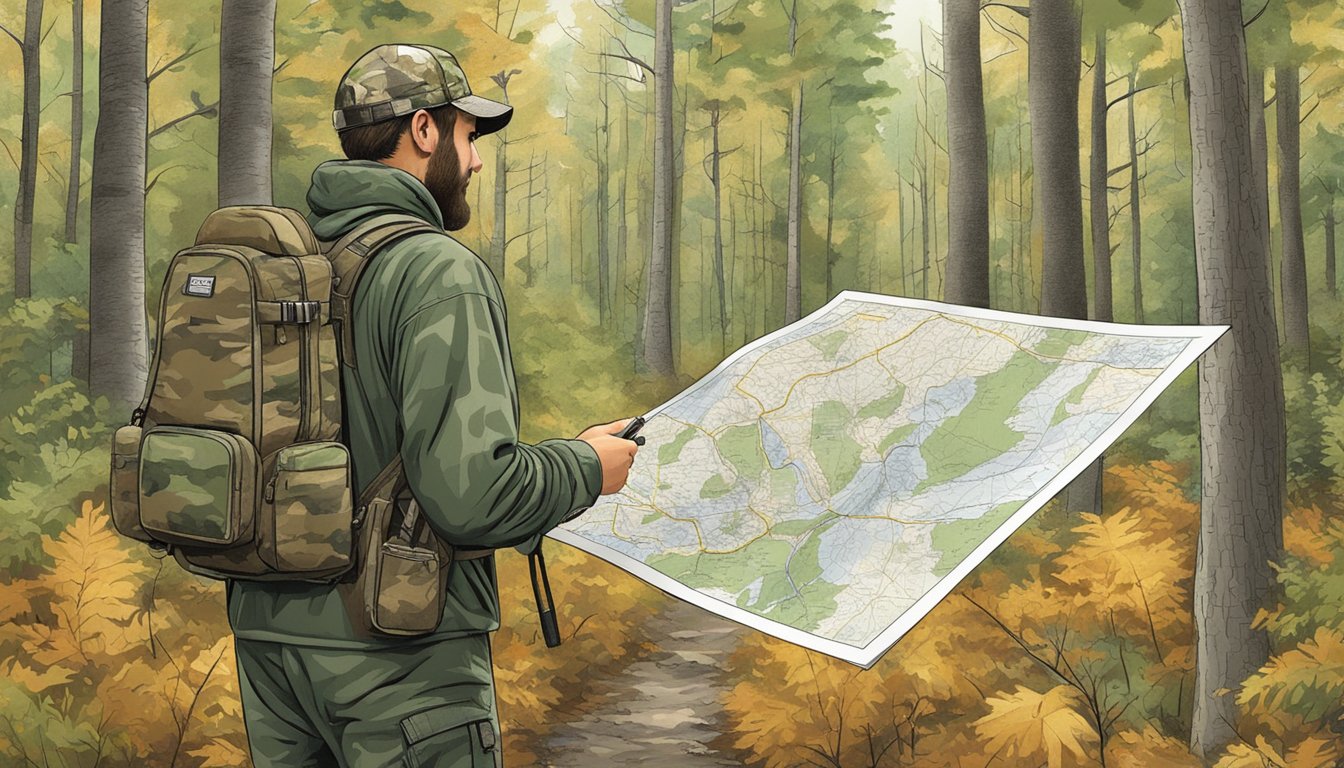 A hunter in camouflage navigating through a dense New Hampshire forest, with a map and hunting regulations in hand