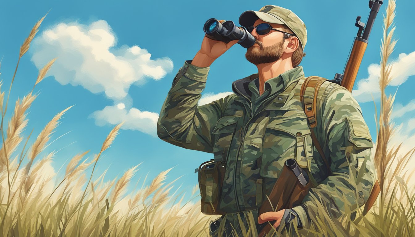 A hunter in camouflage gear with a rifle and binoculars standing in a field of tall grass, surrounded by trees and a clear blue sky