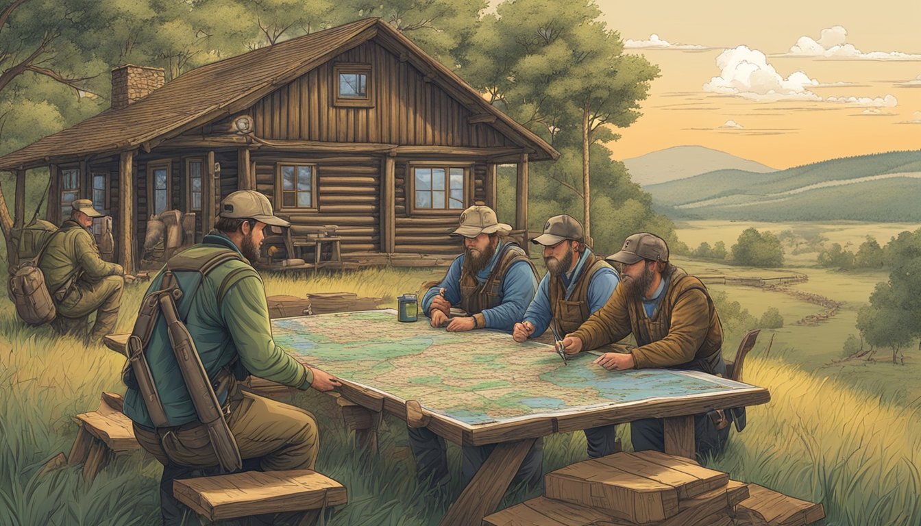 A group of hunters gather at a rustic lodge, surrounded by rolling hills and dense forests. A map of Nebraska is spread out on a table, with various hunting locations marked with pins