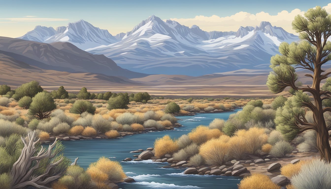 A rugged mountain landscape with sagebrush and juniper trees, a flowing river, and distant snow-capped peaks in Nevada