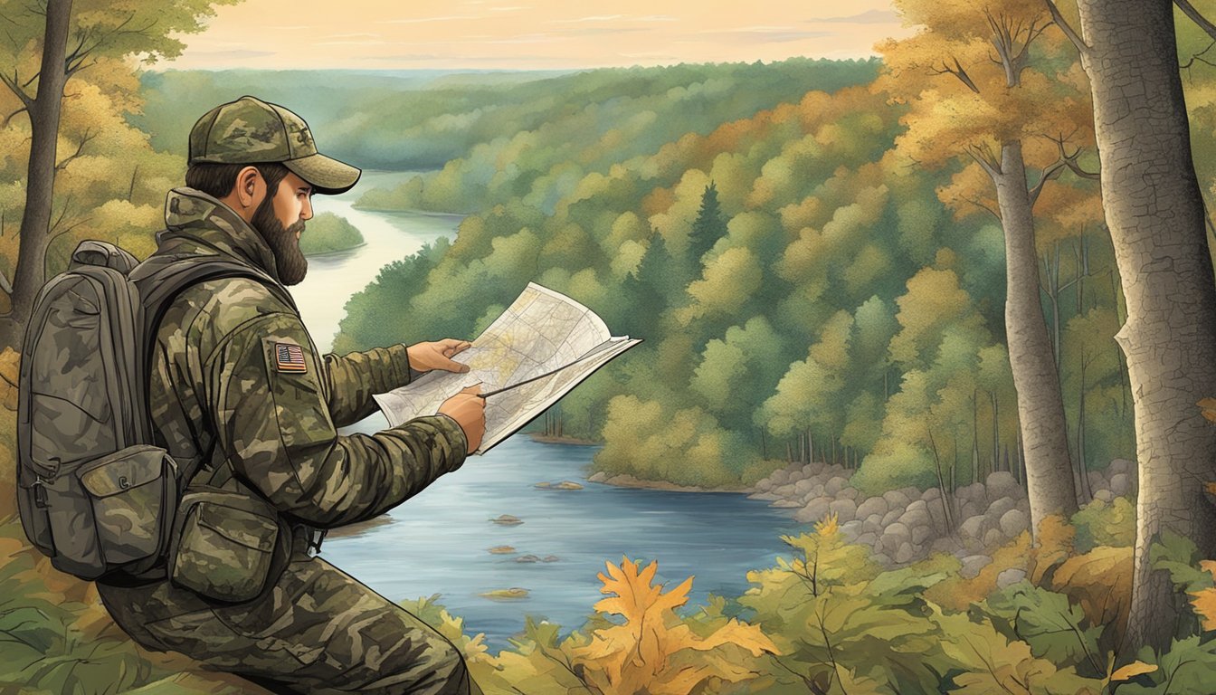 A hunter in camouflage reading a map of New Jersey's hunting zones, surrounded by dense forest and wildlife