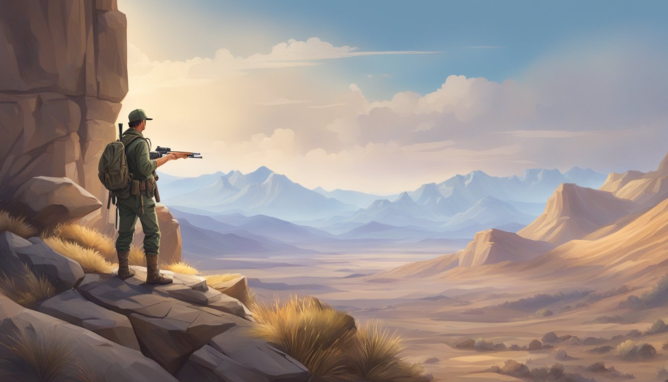 A hunter standing on a rocky outcrop, overlooking a vast desert landscape with mountains in the distance. A rifle and hunting gear are scattered on the ground