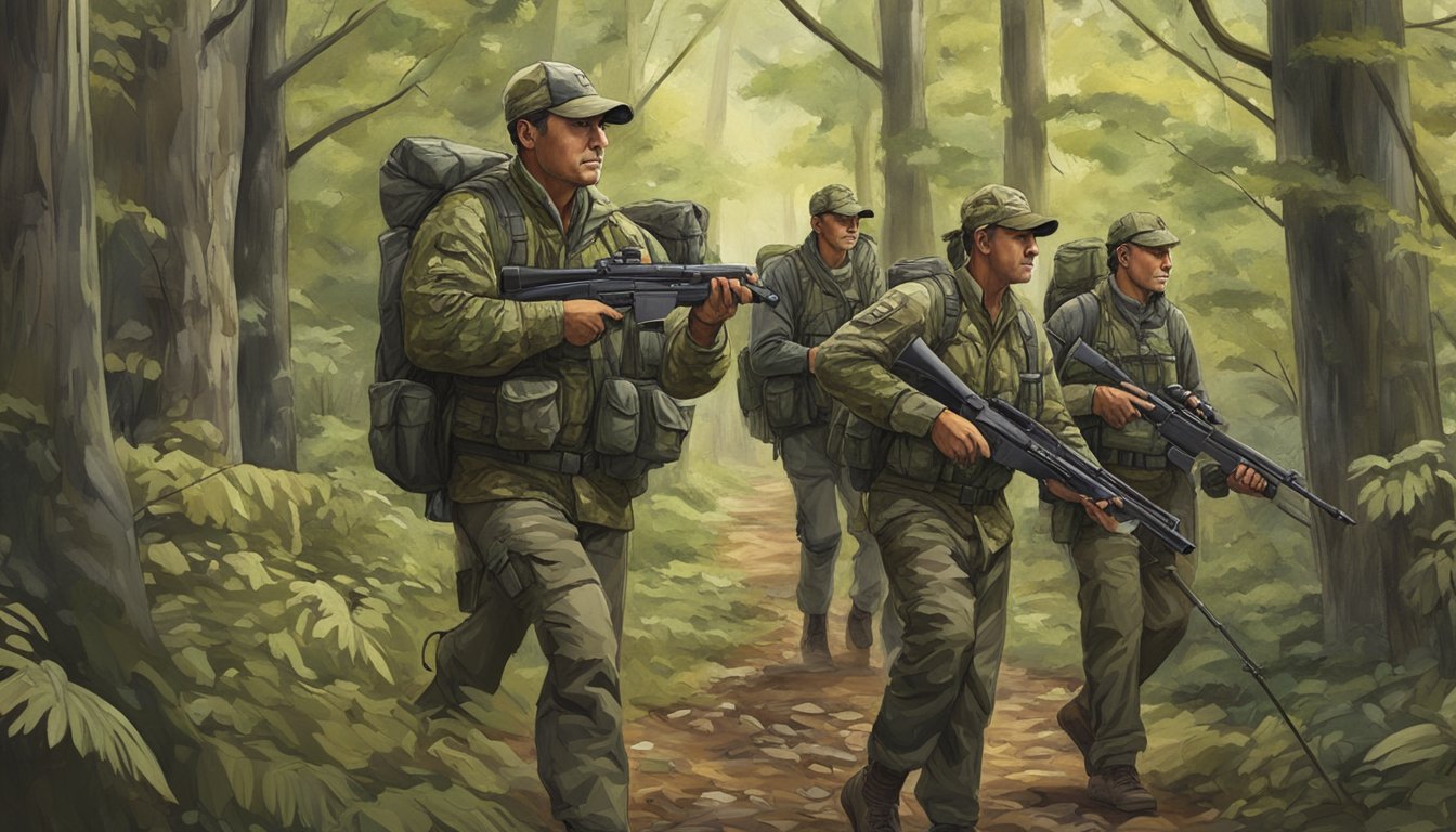 A group of hunters in camouflage gear trek through a dense forest in New Jersey, carrying rifles and binoculars. They scan the surroundings for potential game, while a guide leads the way