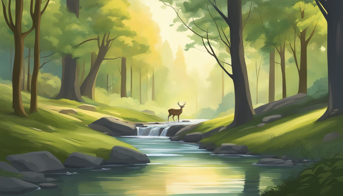 A serene forest clearing with a deer peacefully grazing, surrounded by lush trees and a gentle stream flowing nearby