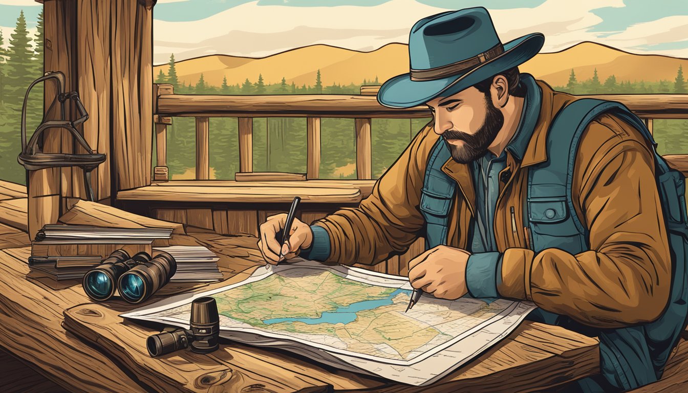 A hunter studying a map of New Mexico with a compass and binoculars on a wooden table in a rustic cabin