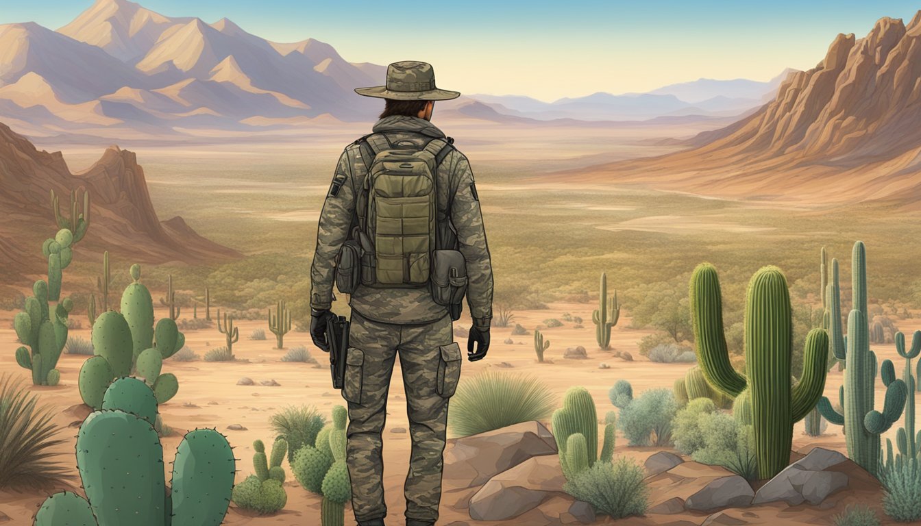 A hunter in camouflage gear stands in a vast desert landscape, surrounded by rugged mountains and cacti. A map of New Mexico is spread out on a table, marked with potential hunting locations