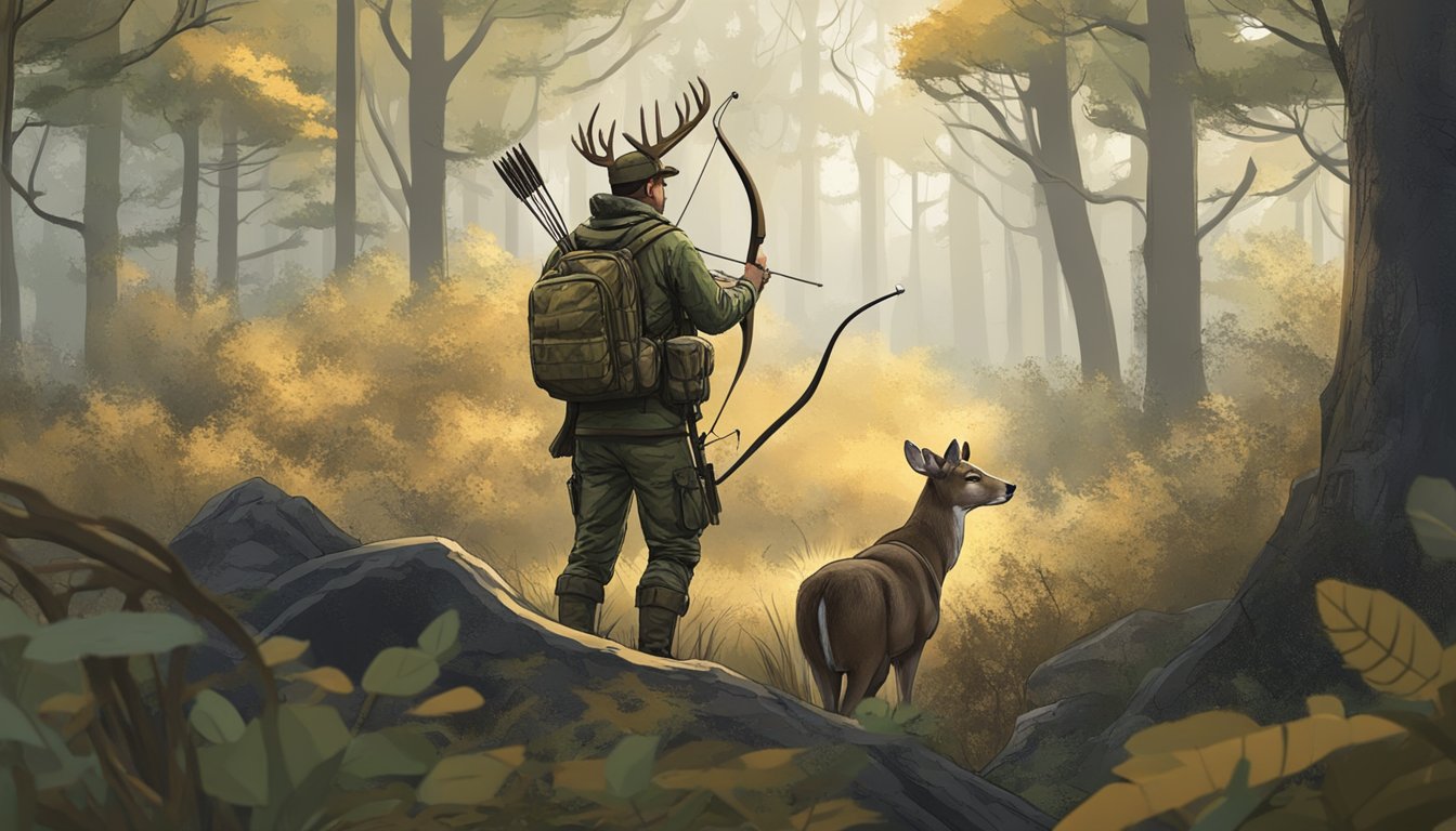 A hunter in camouflage gear quietly waits in a tree stand in a dense forest, with a bow and arrow at the ready, as deer graze in the distance