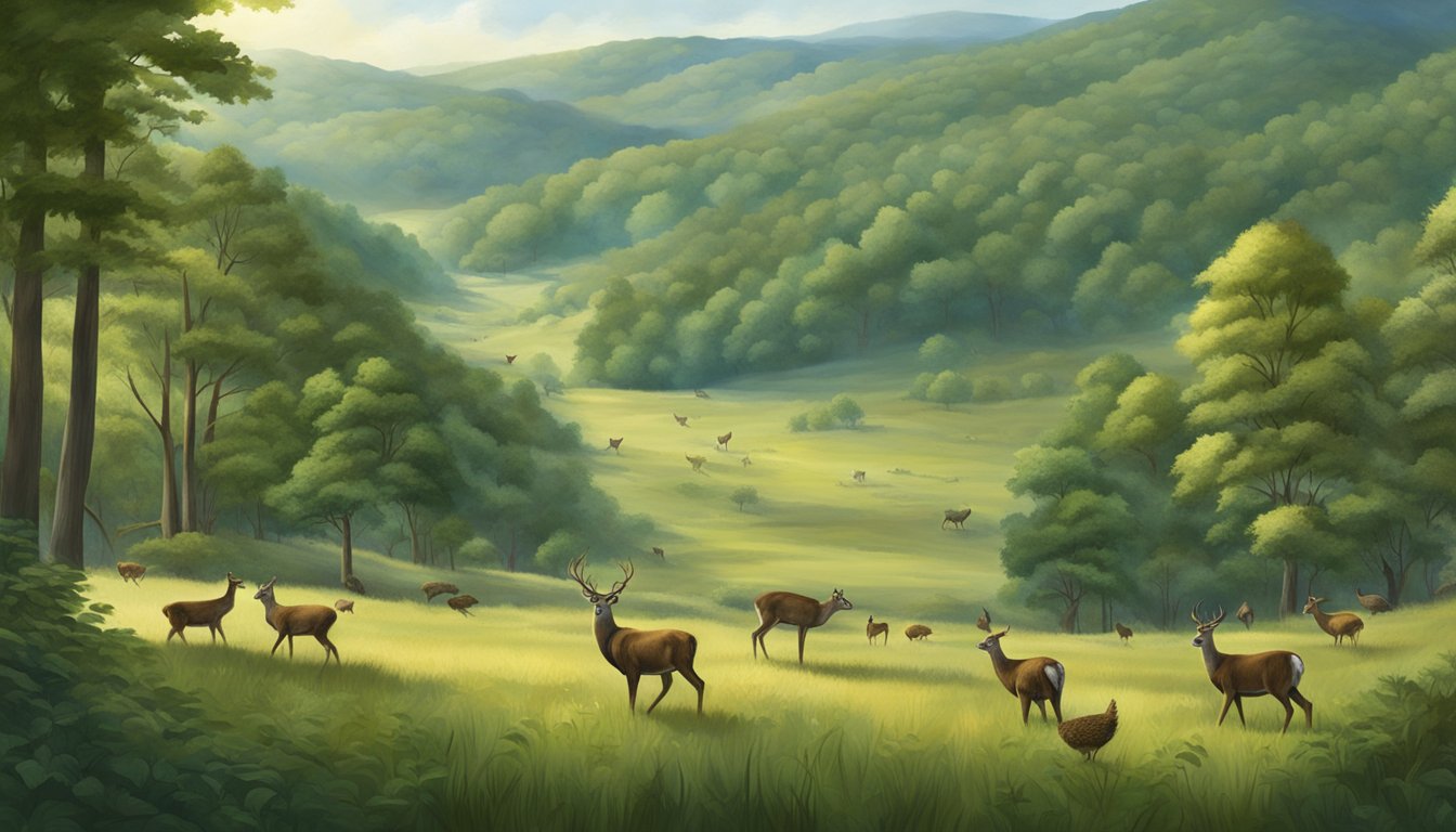 A tranquil forest clearing with a variety of wildlife, including deer, turkeys, and other game animals, surrounded by lush greenery and rolling hills in North Carolina