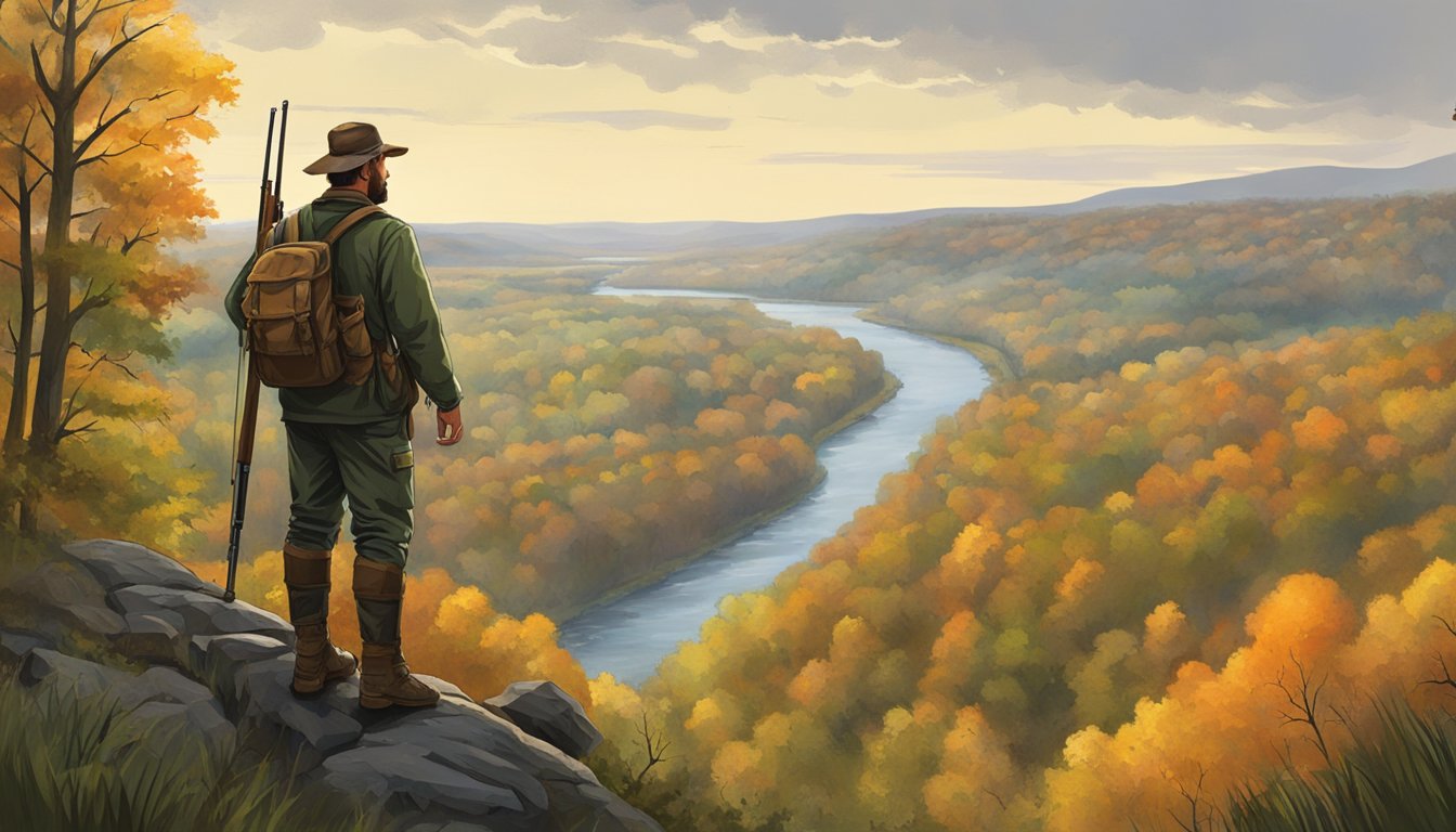 A hunter stands on a hill, surveying the vast Ohio landscape. Dense forests, open fields, and winding rivers offer potential hunting locations