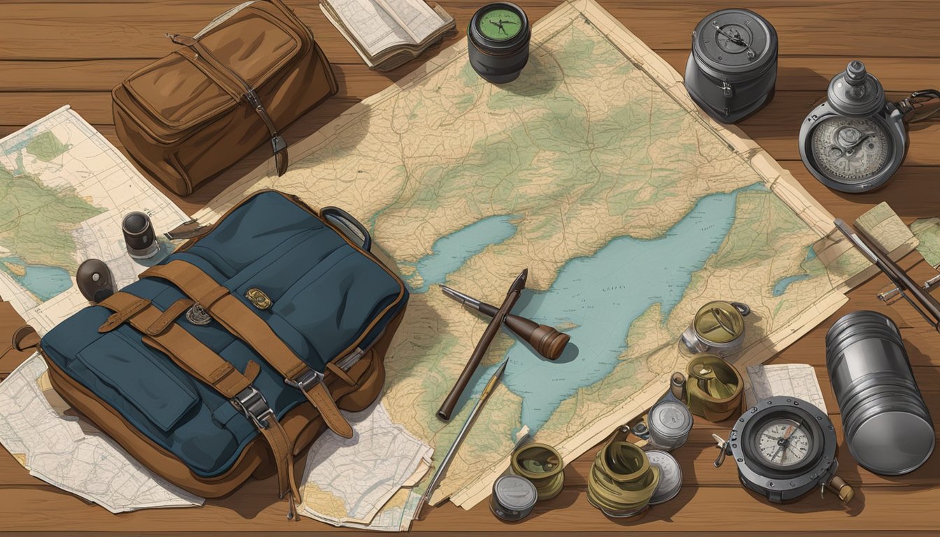 A hunter's gear laid out on a wooden table, surrounded by maps and compasses, with a backdrop of Ohio's rolling hills and dense forests