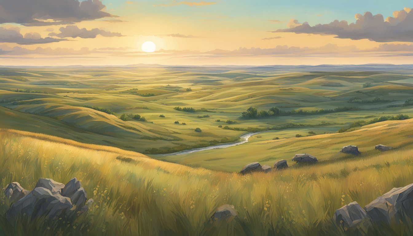 A vast, open prairie in North Dakota, with rolling hills, grassy fields, and scattered patches of dense forest, creating a diverse and expansive hunting landscape