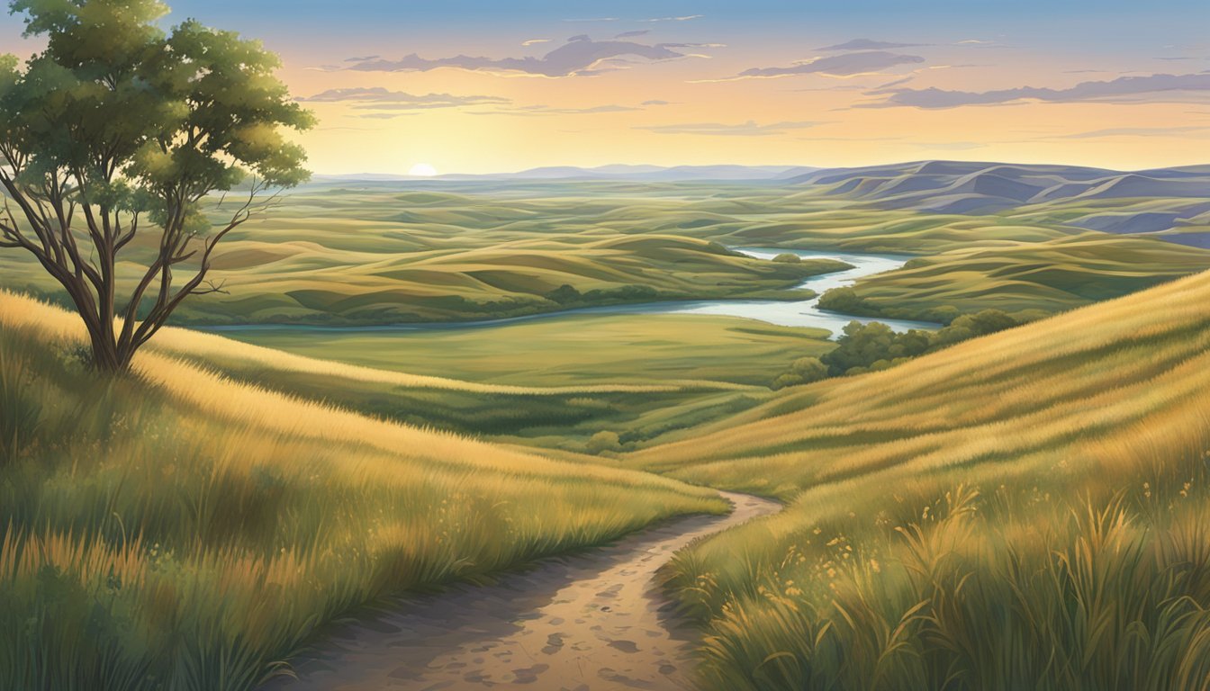 A vast, open prairie in North Dakota, with rolling hills and tall grasses, scattered with patches of dense woodland and winding streams