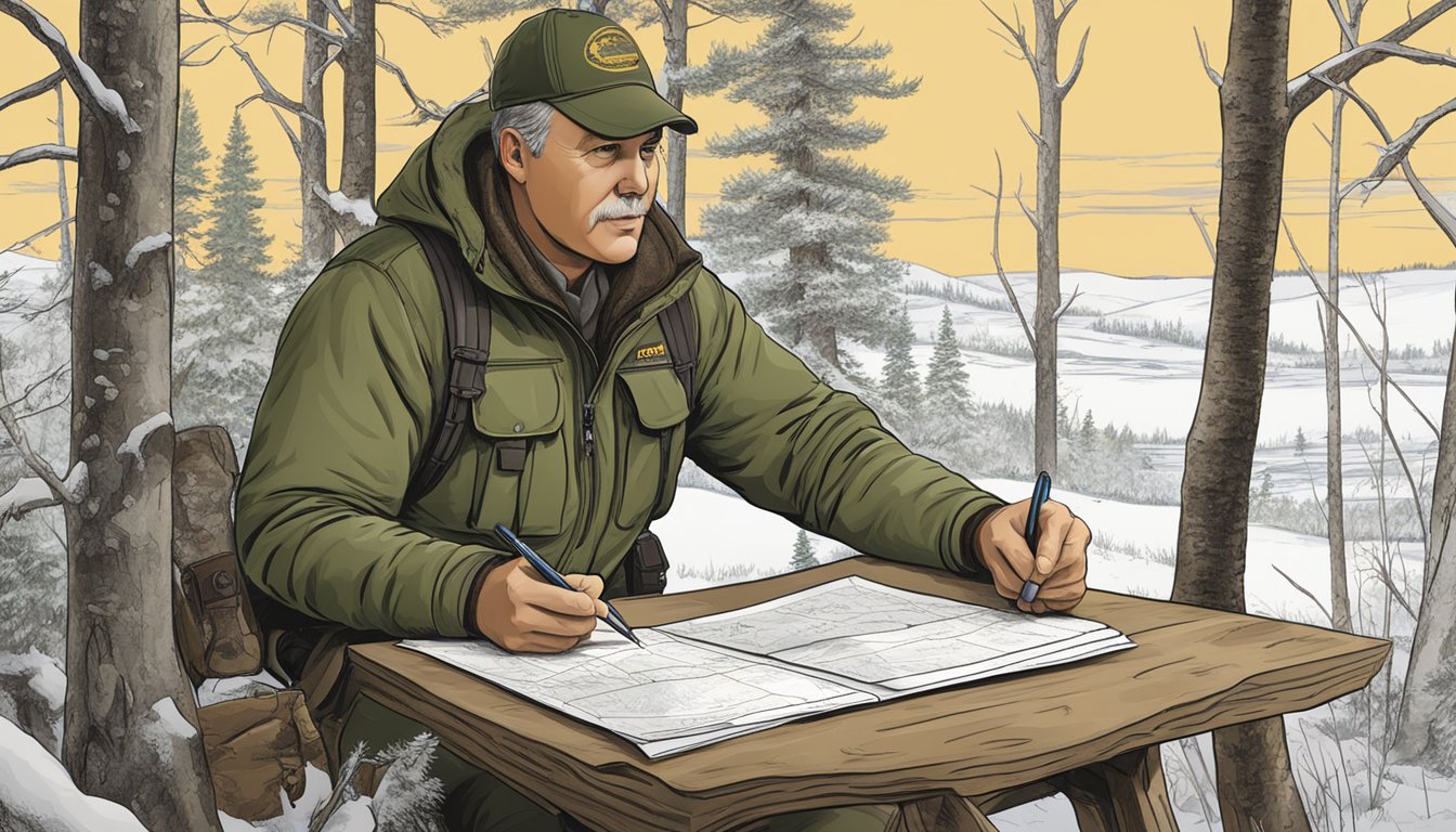 A hunter in North Dakota reviewing maps and legal documents for hunting licenses and regulations