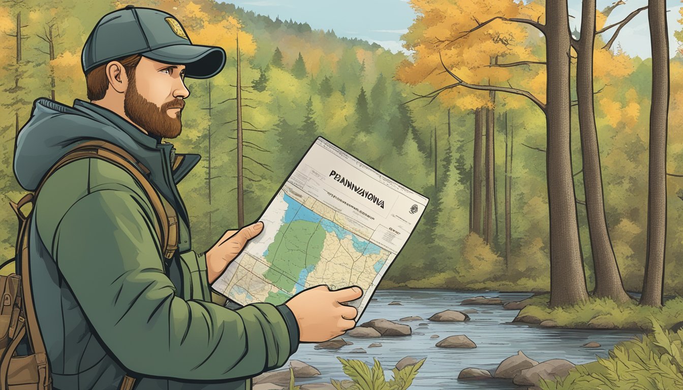 A hunter holding a Pennsylvania hunting license while standing in a wooded area with a map of hunting locations in the background