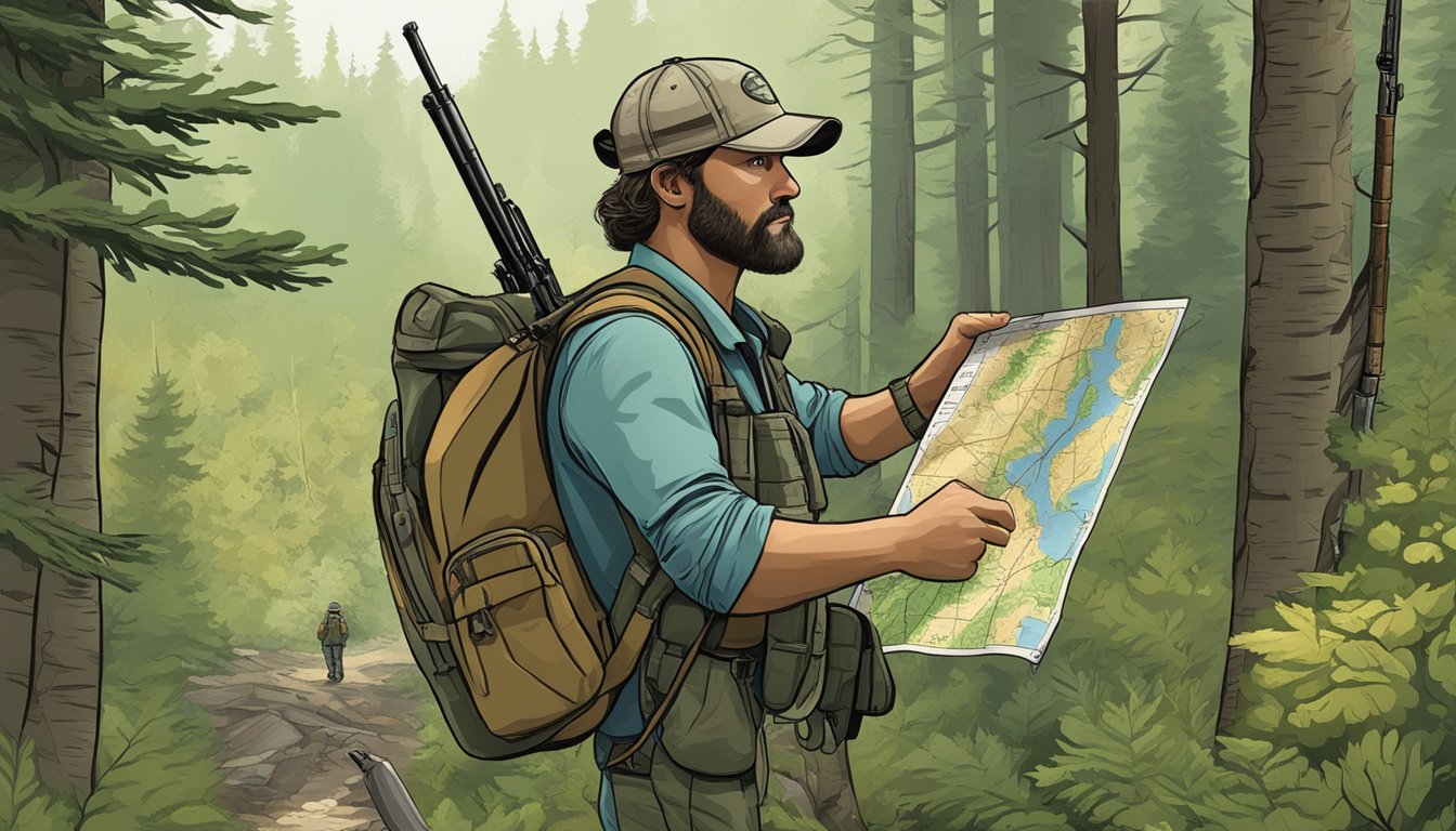 A hunter in North Dakota uses a map and compass to navigate through dense forest, while carrying a rifle and binoculars for hunting