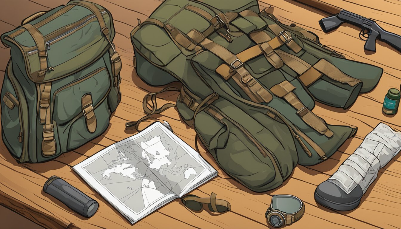 A hunter's backpack, rifle, and map lay on a wooden table. A pair of boots and camouflage clothing are neatly arranged nearby