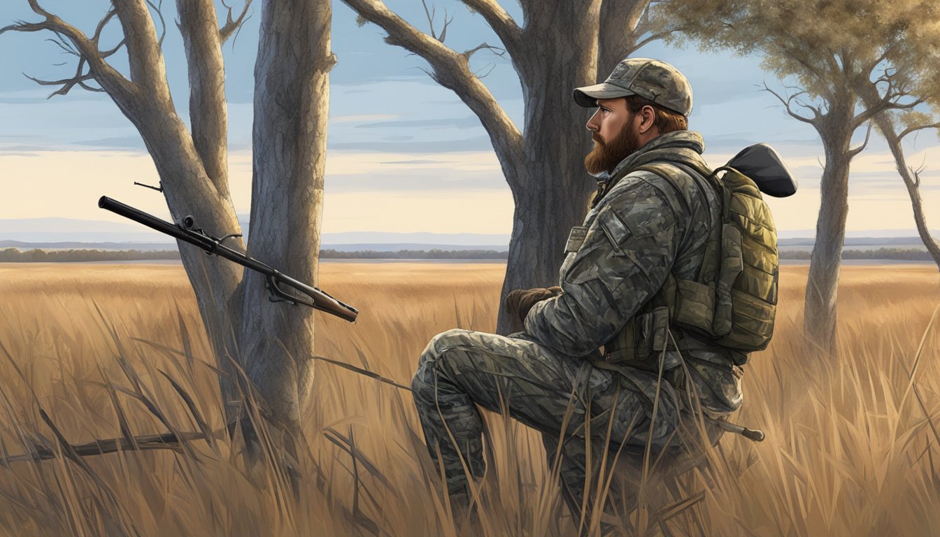 A hunter in camouflage gear quietly waits in a tree stand overlooking a vast field of tall grass and scattered trees in North Dakota