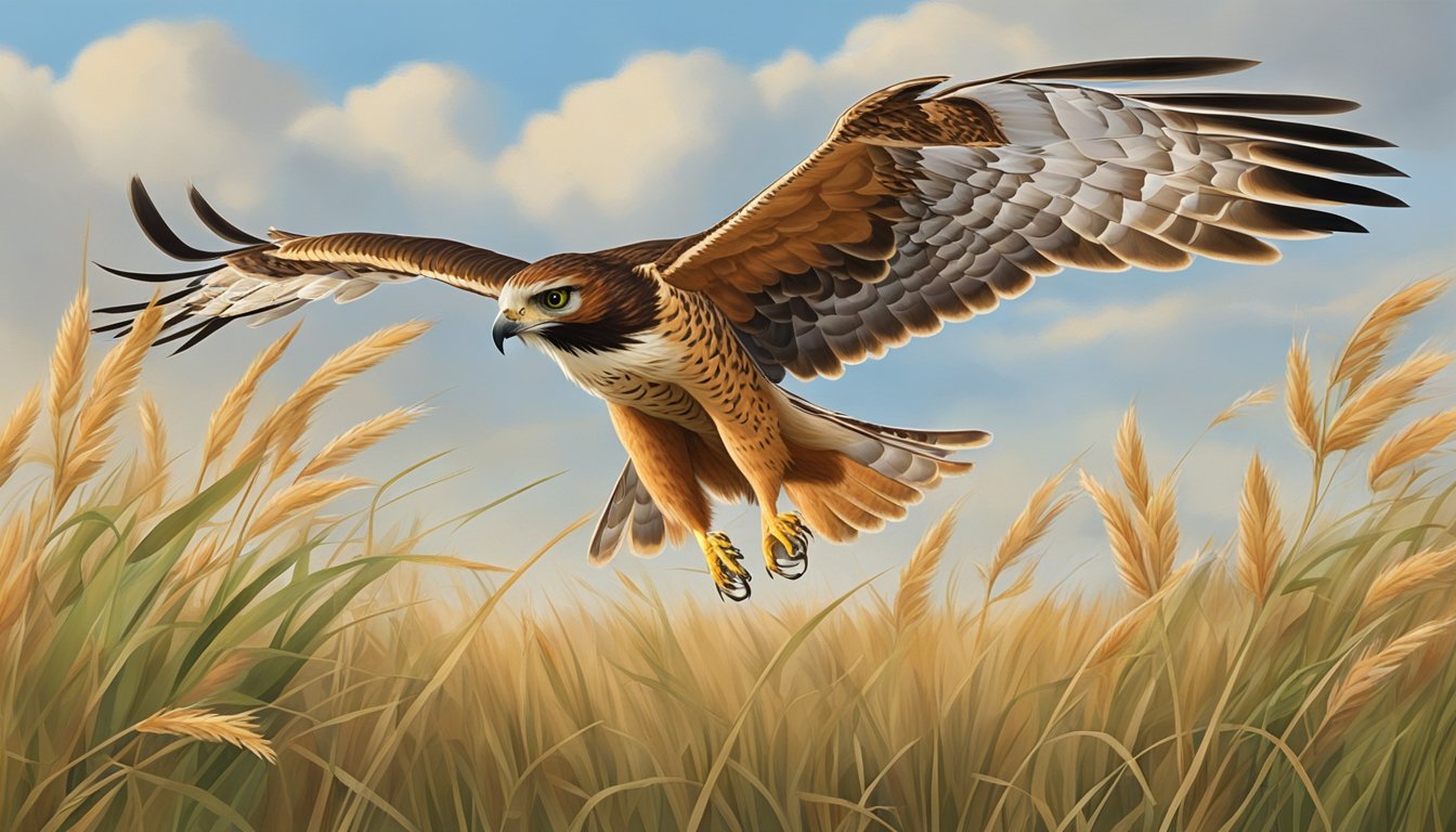 A red-tailed hawk swoops down on a field mouse in the tall grass of an Oklahoma prairie