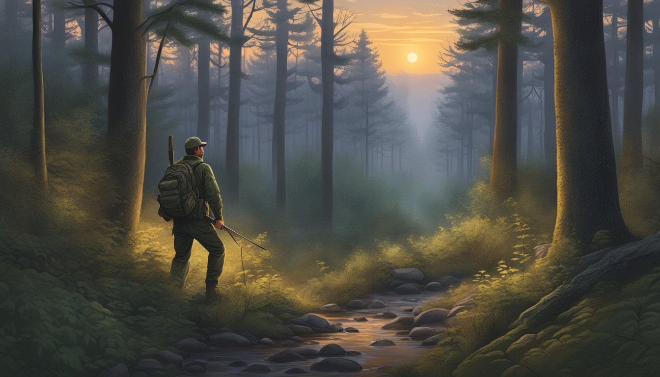 A hunter navigating through a dense forest at dusk, following the special regulations and hunting hours in Pennsylvania