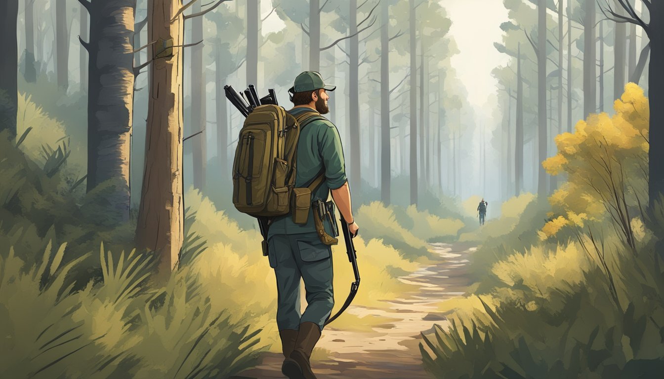 A hunter navigating through the dense Oklahoma forest, with a rifle slung over their shoulder and a map in hand, searching for game to hunt