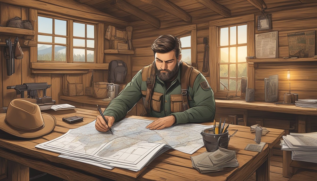 A hunter reviewing Oklahoma hunting regulations in a rustic cabin with a map and legal documents spread out on a table