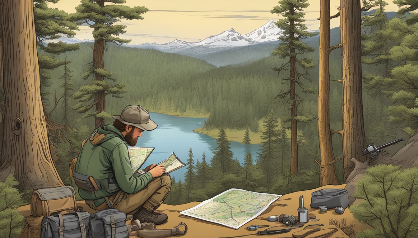 A hunter carefully studying a map of Oregon, surrounded by hunting gear and equipment, with a forested landscape in the background