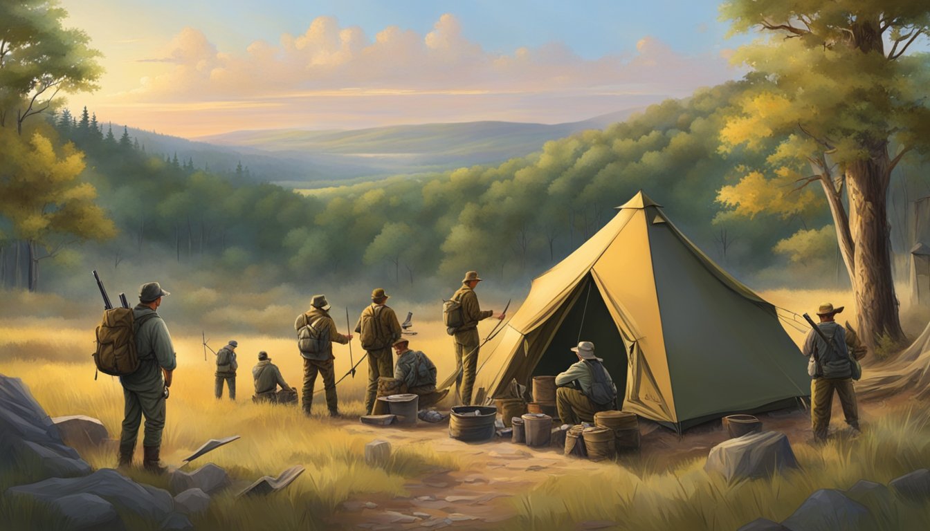 A group of hunters setting up camp in the Oklahoma wilderness, surrounded by dense forest and rolling hills, preparing for a day of hunting