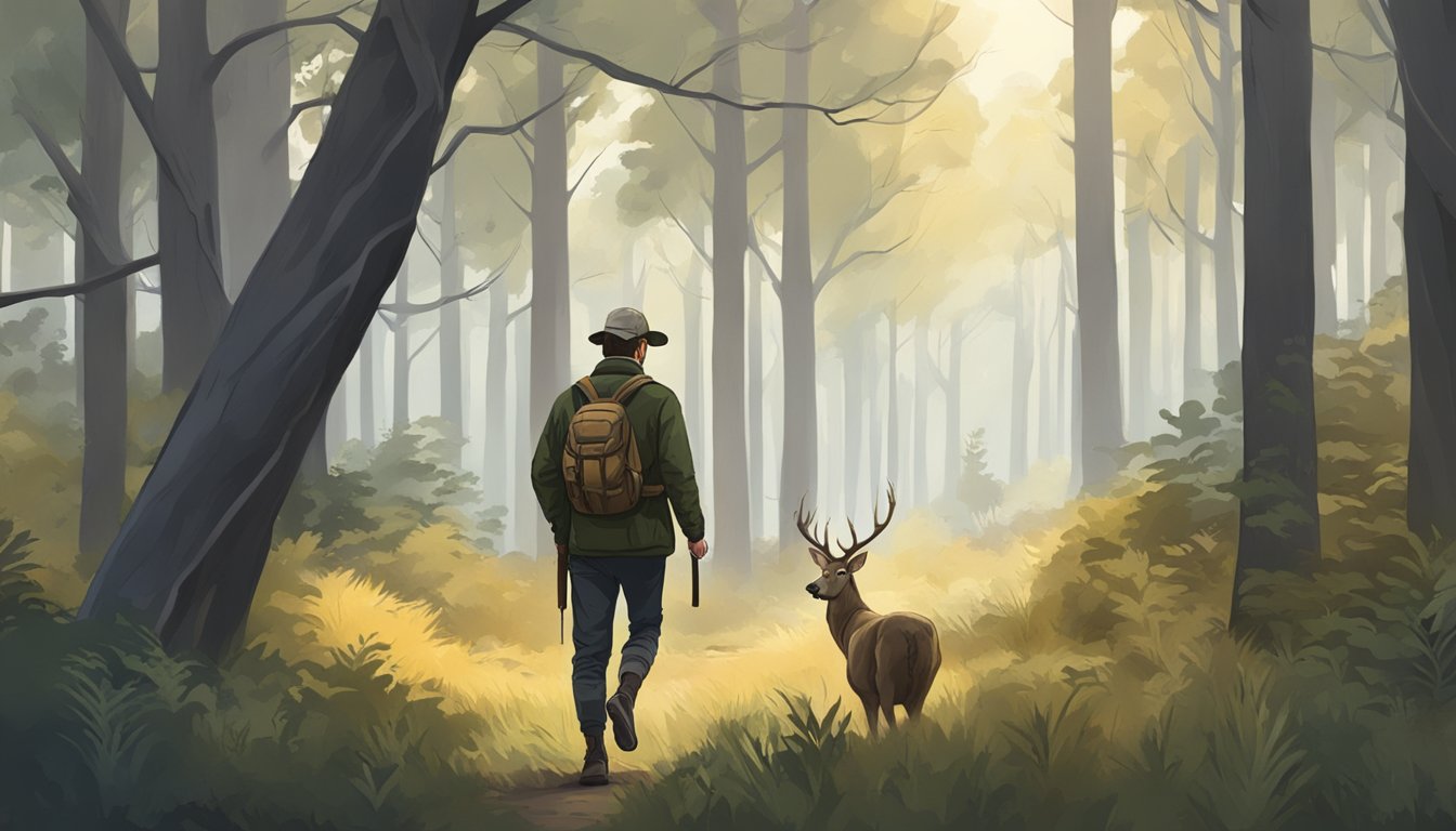 A hunter walking through a wooded area, observing a deer in the distance