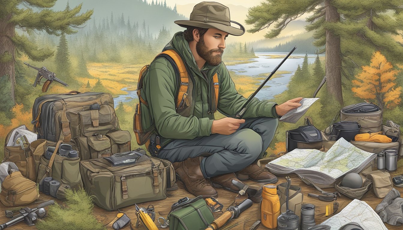 A hunter studying a map of Oregon's hunting resources, surrounded by gear and equipment