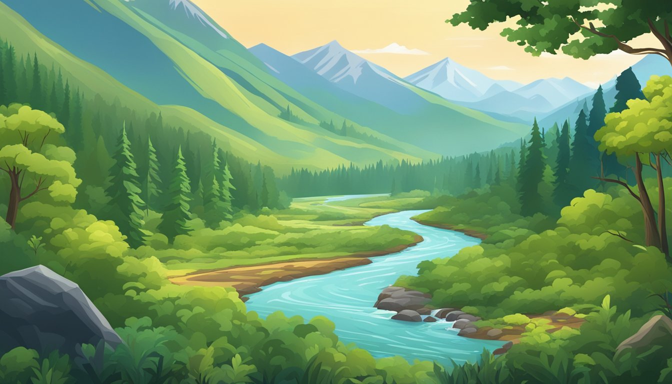 A lush forest with a variety of game trails, a flowing river, and distant mountains in the background