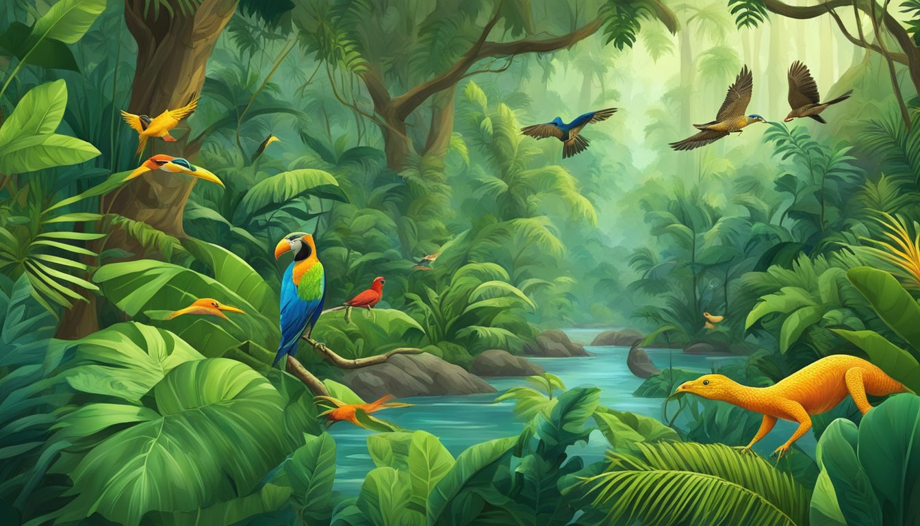 A lush tropical forest with dense foliage and a variety of native wildlife, including birds, lizards, and small mammals