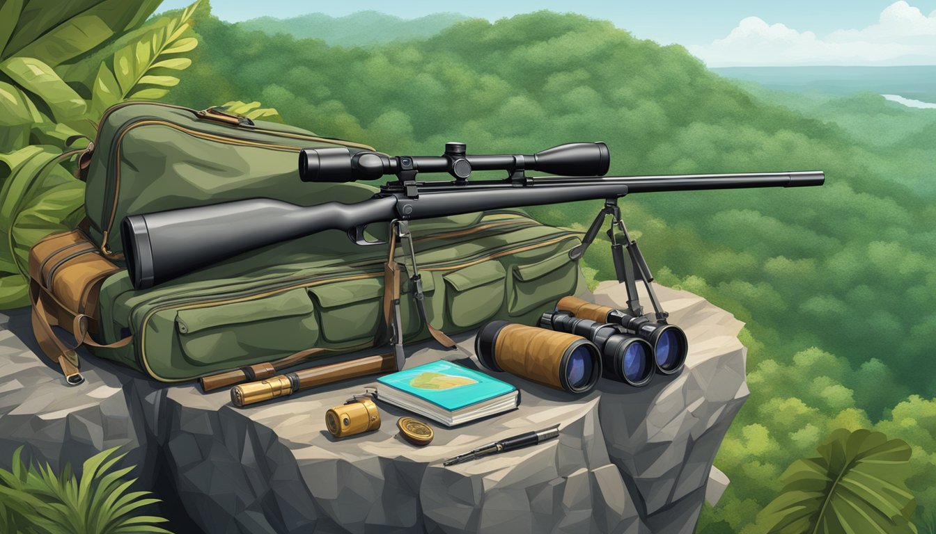 A hunter's backpack, rifle, and binoculars laid out on a rocky cliff overlooking lush Puerto Rican forest