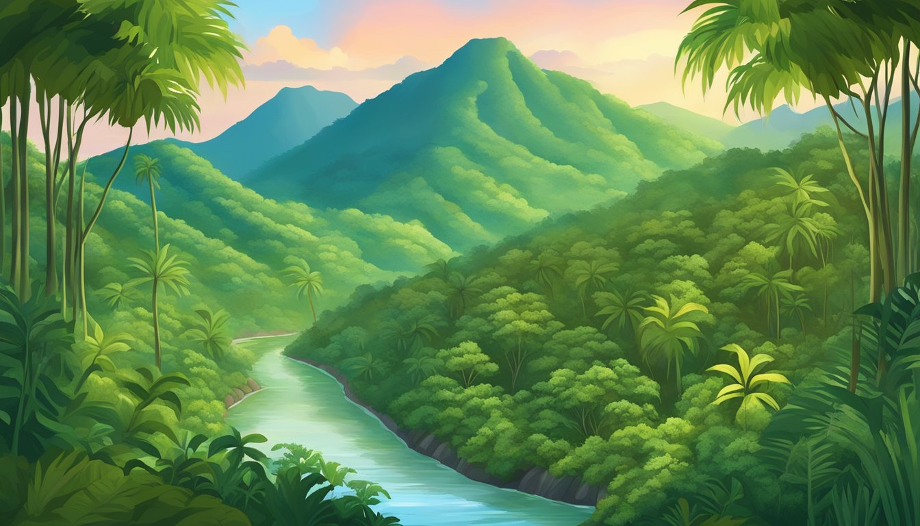 A lush tropical forest with towering trees, vibrant foliage, and a winding river, set against a backdrop of mountains in Puerto Rico