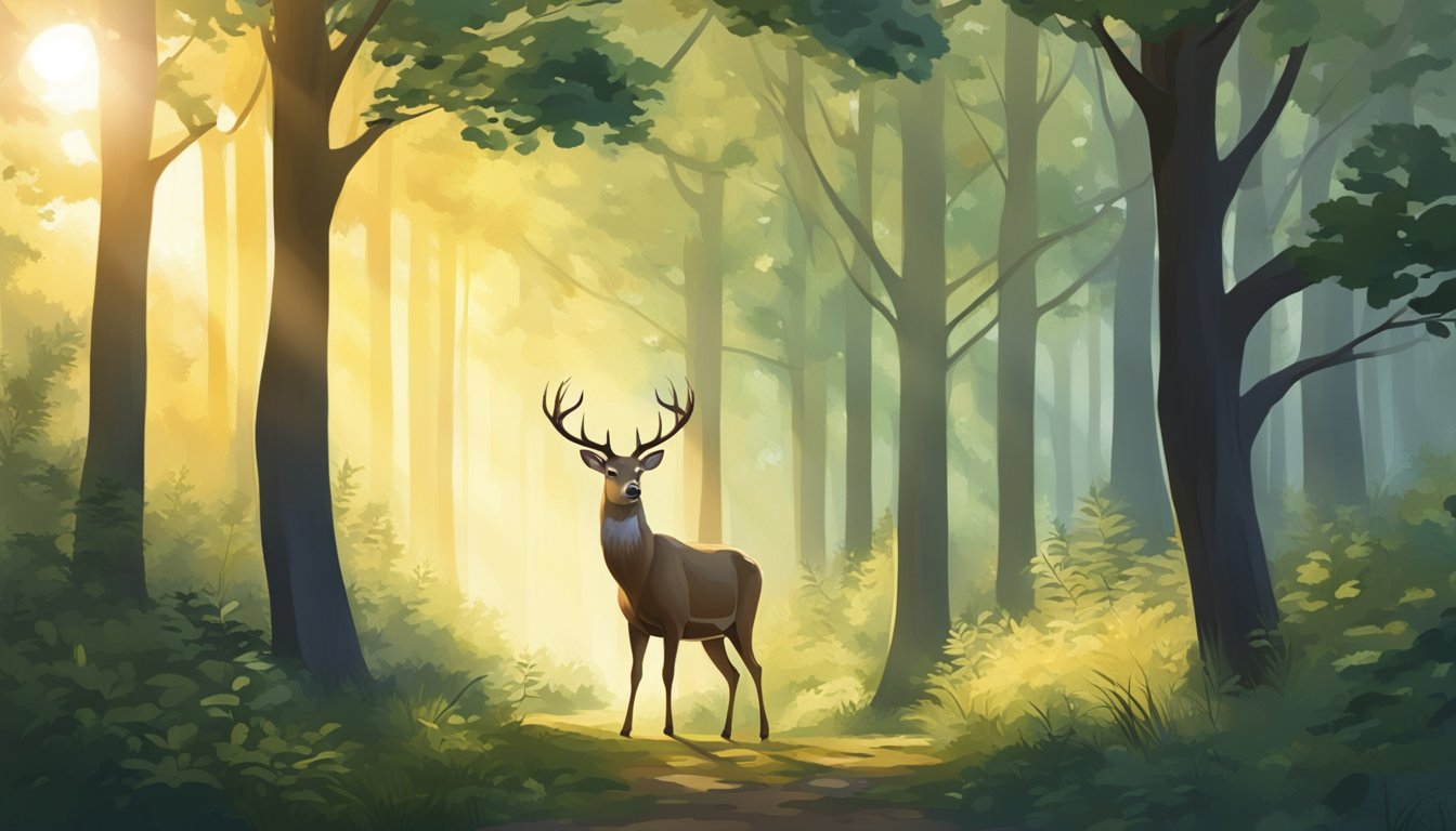 A deer stands in a forest clearing, surrounded by tall trees and dense underbrush. A stream glistens in the background, and the sun filters through the leaves above