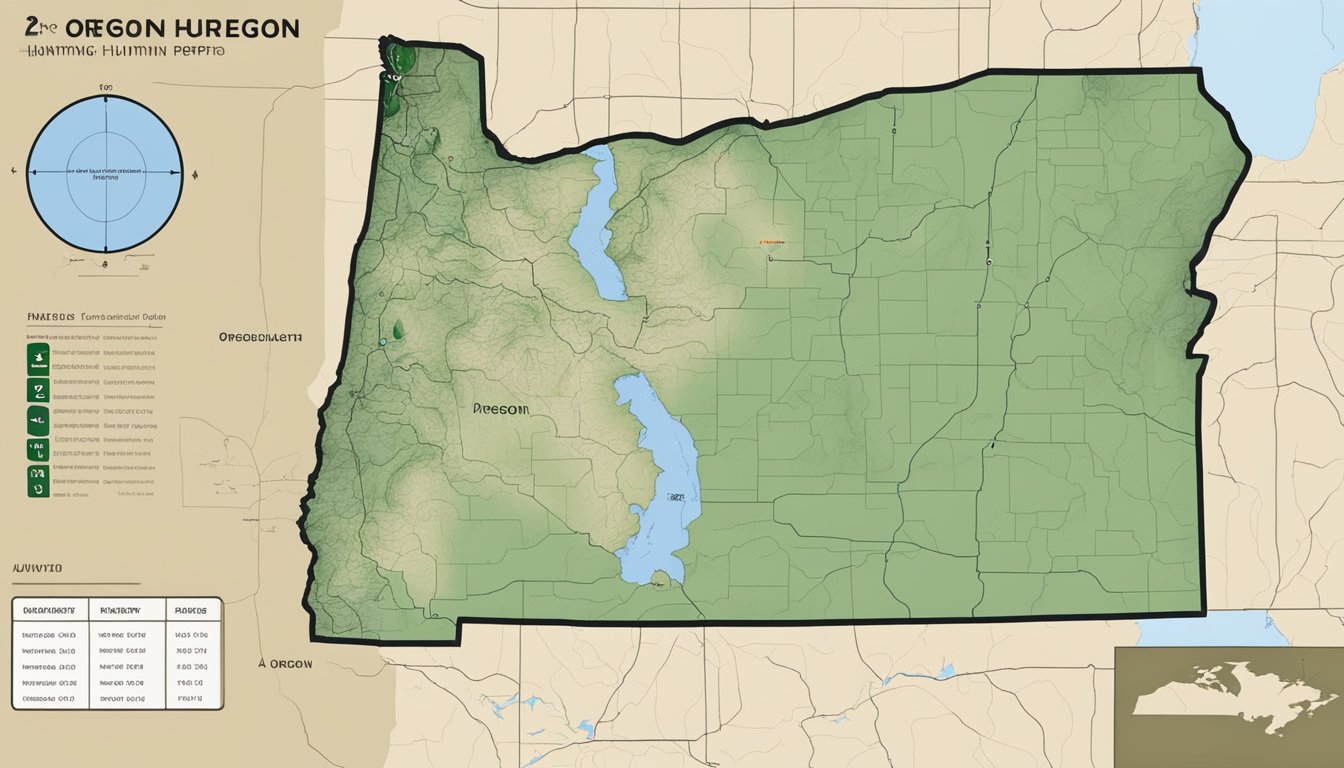 A map of Oregon with marked hunting areas and a computer screen displaying hunting updates and reports