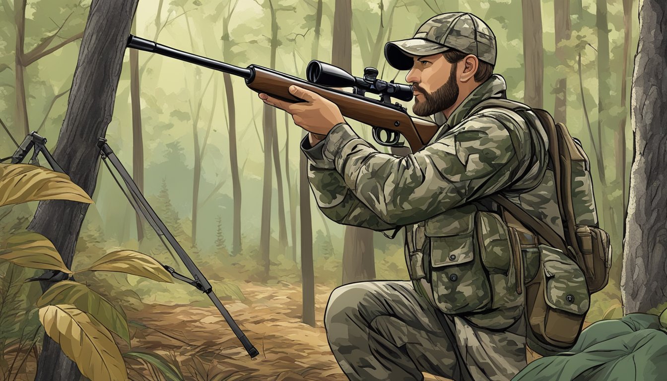 A hunter in camouflage with a rifle and binoculars in a wooded area of South Carolina, tracking prey