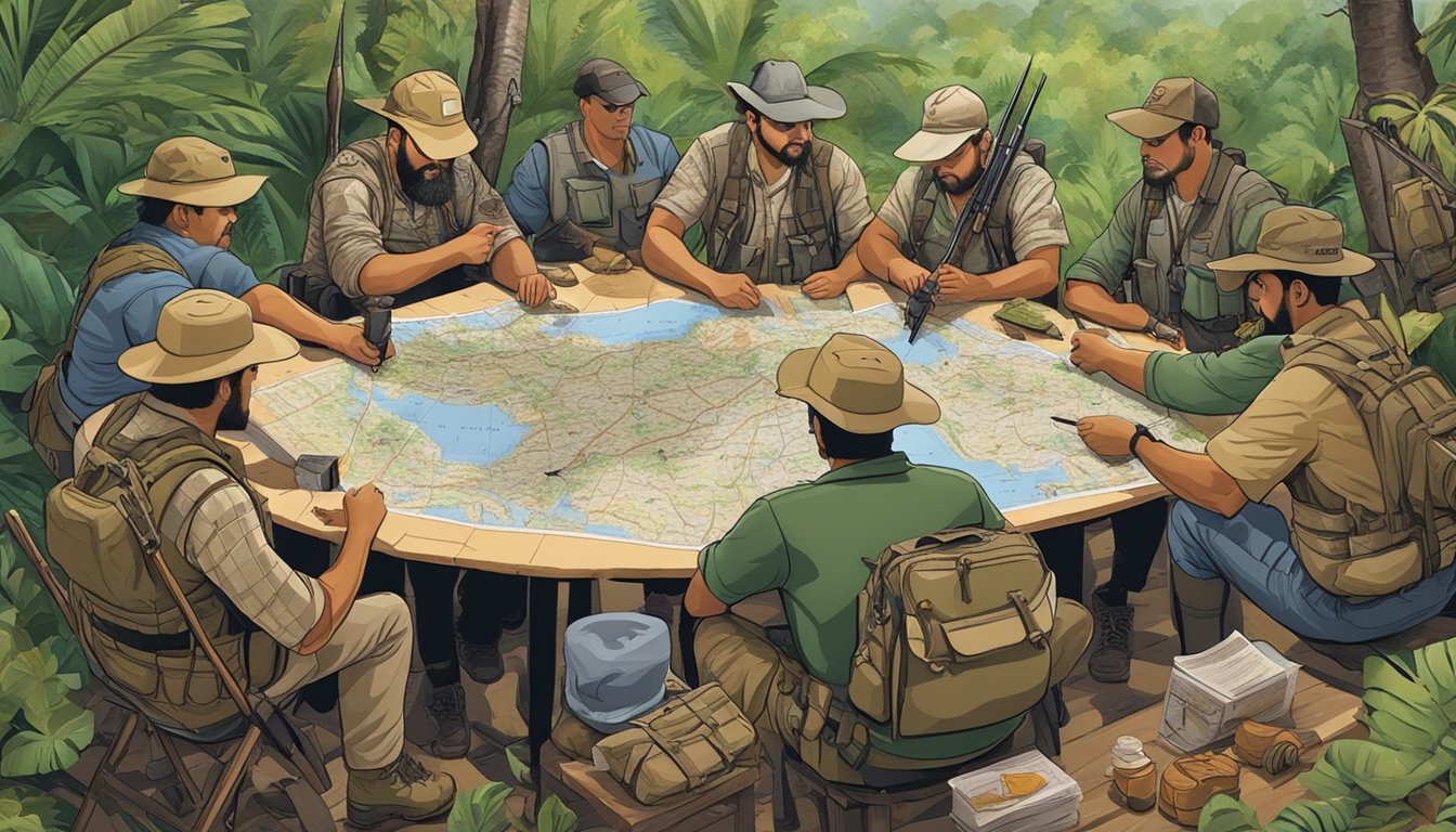 A group of hunters gather around a map of Puerto Rico, pointing to different locations and discussing potential hunting spots. Outdoor gear and hunting equipment are scattered around the table