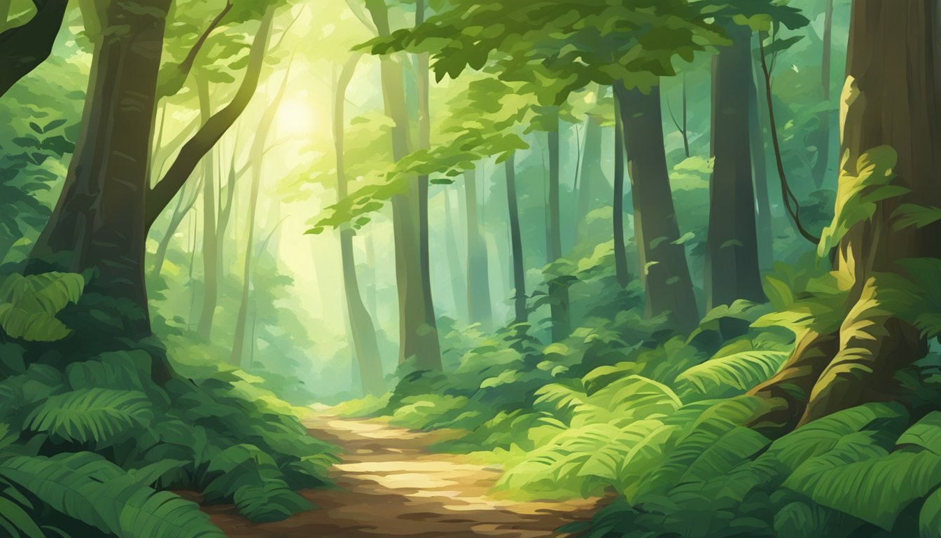 A lush forest with dense foliage and towering trees, dappled sunlight filtering through the canopy onto the forest floor