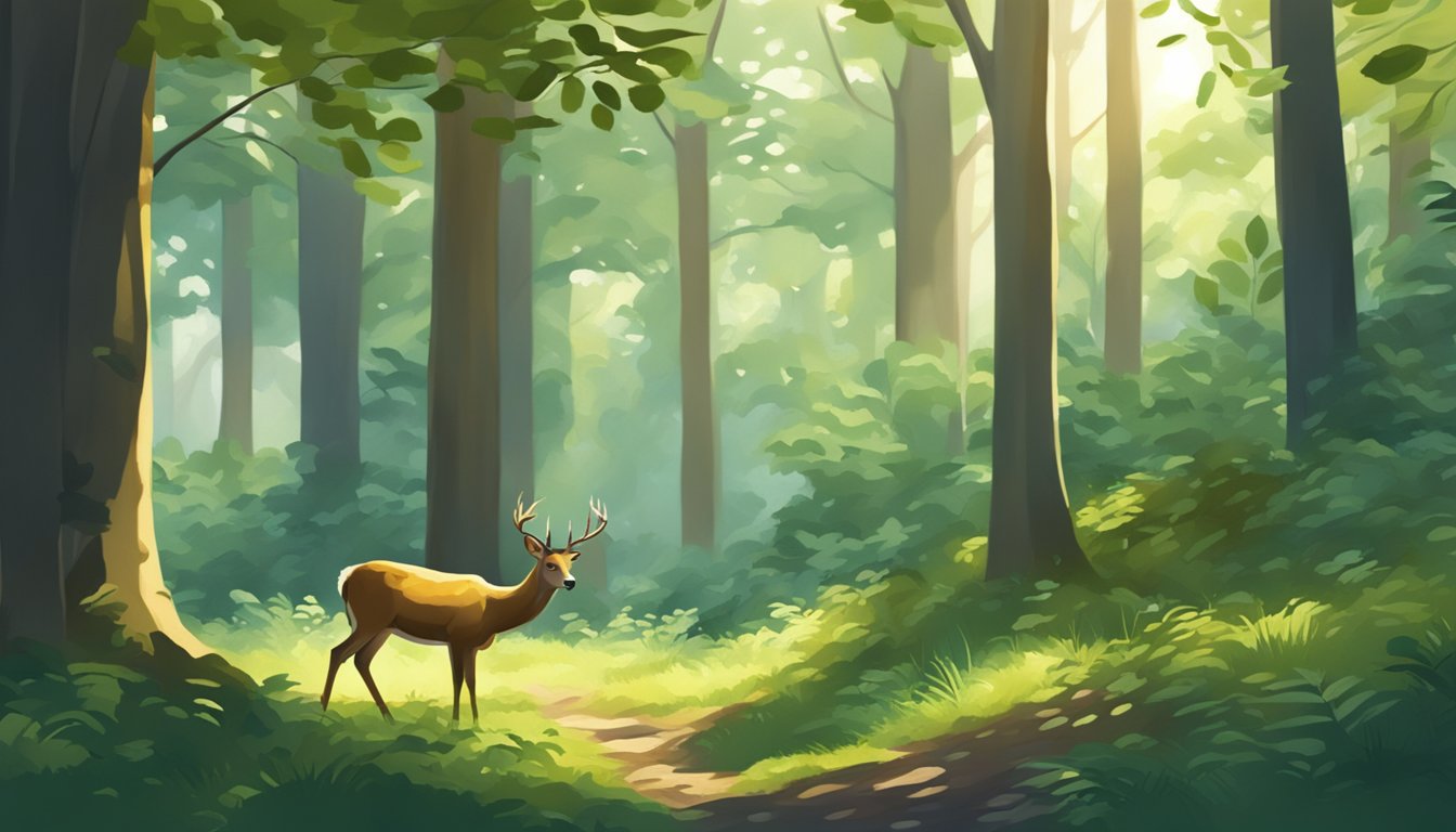 A deer peacefully grazing in a lush forest clearing, surrounded by tall trees and dappled sunlight filtering through the leaves