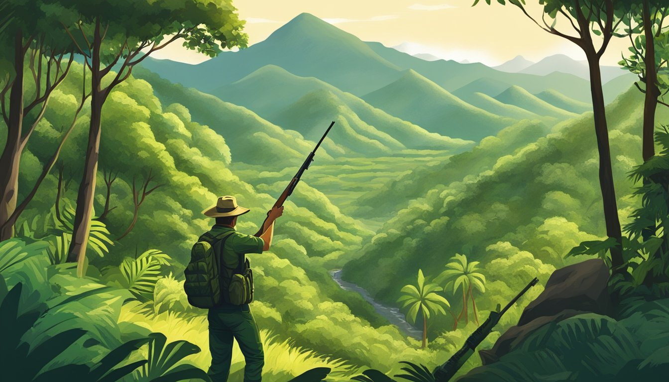 A lush forest with mountains in the background, a hunter with a rifle, and a guide pointing towards a hunting trail in Puerto Rico