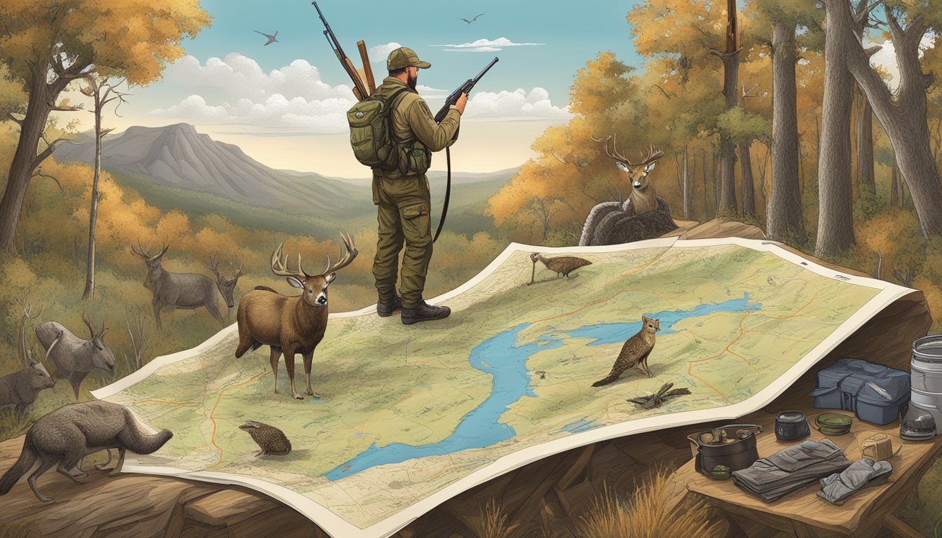 A hunter in Texas reviewing a map of hunting regulations surrounded by hunting gear and wildlife imagery