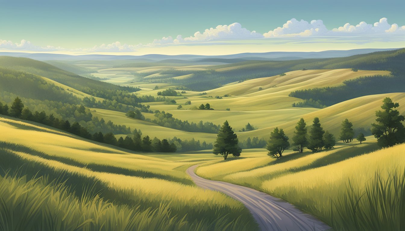 A serene landscape in South Dakota, with rolling hills, lush forests, and open fields, showcasing potential hunting grounds