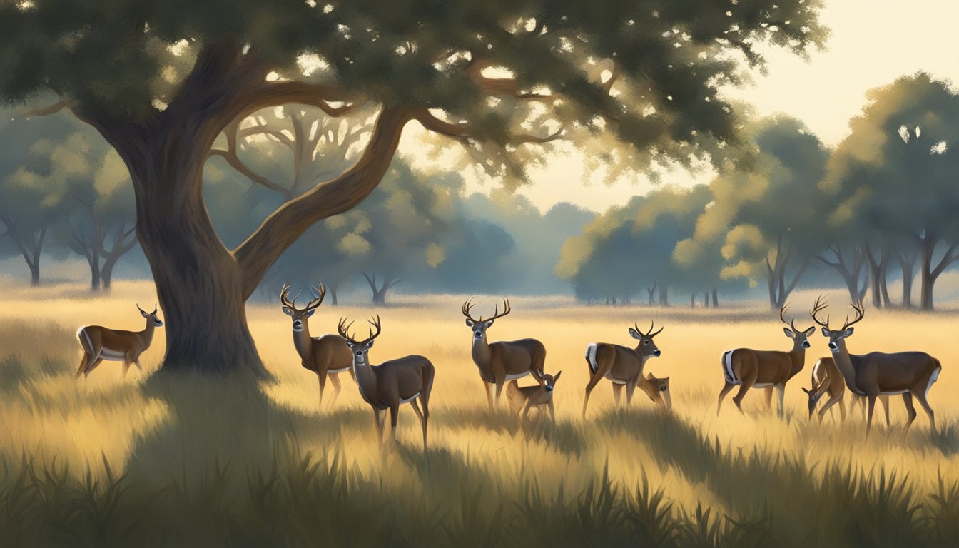 A herd of white-tailed deer grazing in a sun-dappled clearing, surrounded by tall grass and oak trees in the Texas Hill Country