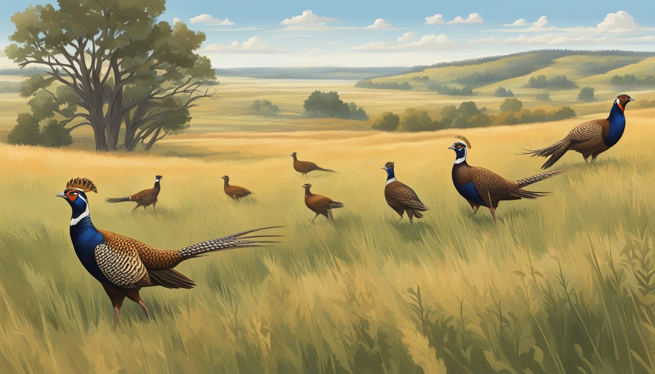 A group of pheasants and deer roam through the rolling grasslands of South Dakota, with scattered trees and distant hills in the background