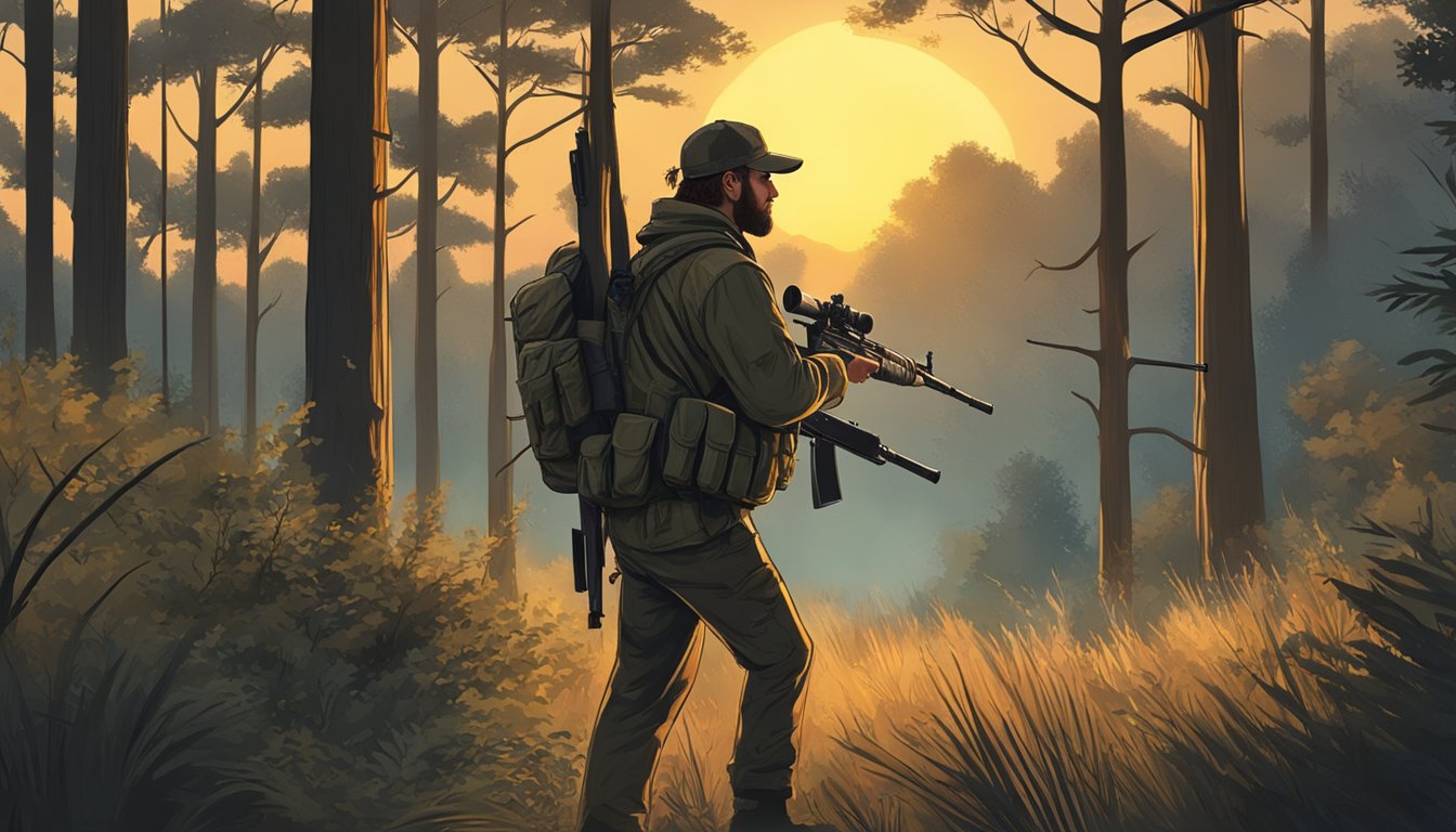 A lone hunter with a rifle stalking through a dense Texas forest, with the sun setting in the background