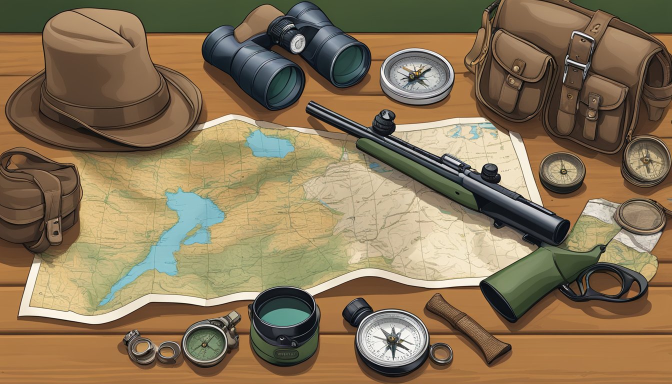 A hunter's gear laid out on a wooden table, including a rifle, binoculars, a map of South Dakota, and a compass