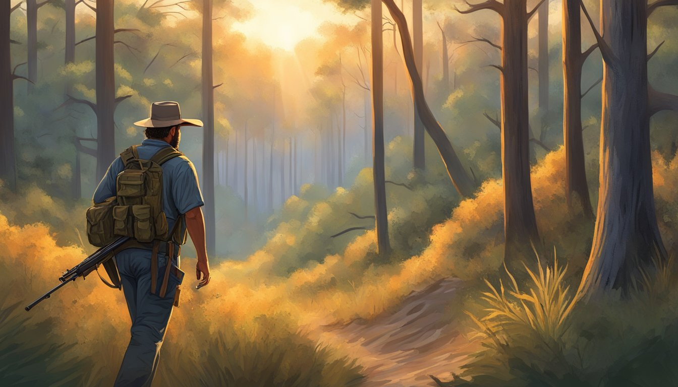 A lone hunter walks through a dense Texas forest, his rifle slung over his shoulder, as the sun sets behind the trees