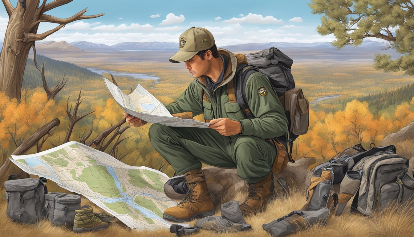 A hunter studying a map of Utah's hunting areas, surrounded by hunting gear and regulations